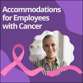 Accommodations for employees with Cancer. Pink Cancer Ribbon. Smiling hairless woman in an office setting. 
										